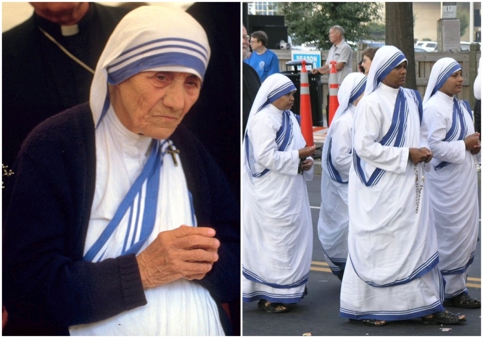 Слева направо: Мать Тереза в Бонне (13 июля 1986 года). Миссионерки милосердия в традиционных сари.