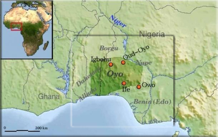 Карта империи Ойо, которая процветала на территории нынешней южной Нигерии с 17 по 19 века нашей эры.