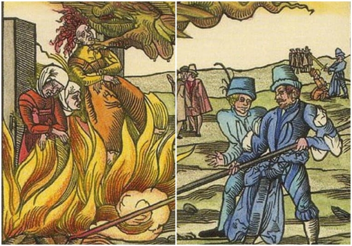 Иллюстрация к брошюре, изображающая сожжение ведьм на костре в Деренбурге, Германия, 1555 год.