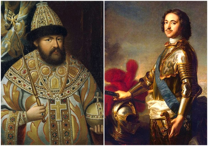 Слева направо: Портрет царя Алексея Михайловича, 17 или 18 век. Портрет Петра Великого, кисти Жан-Марка Натье, 1717 год.