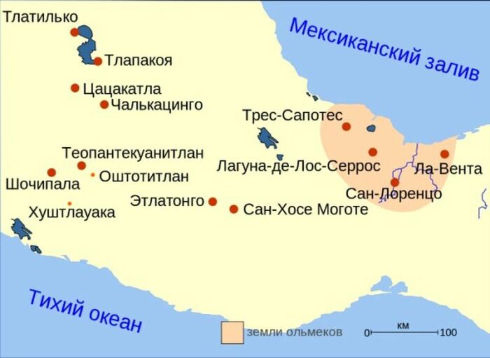 Точки на карте Мексики, где обнаружены ольмекские артефакты, оранжевым обозначено государство ольмеков. Фото: bing.com.