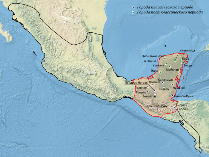 Территория, которую занимала цивилизация майя. Красным выделена граница культуры майя, чёрным — территория мезоамериканской цивилизации. Фото: wikipedia.org.