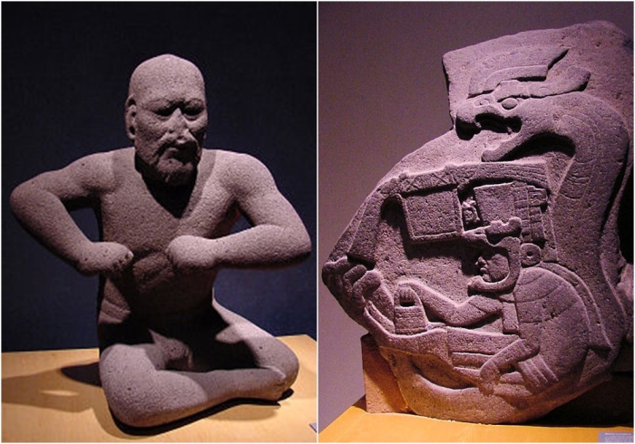 Слева направо: «Борец», статуэтка ольмекской эпохи, 1400—400 до н. э. Монумент из Ла Венты (1200—400 г.д.э), самое раннее известное изображение пернатого змея, который будет играть важную роль в мифологии поздних культур центральной Америки.