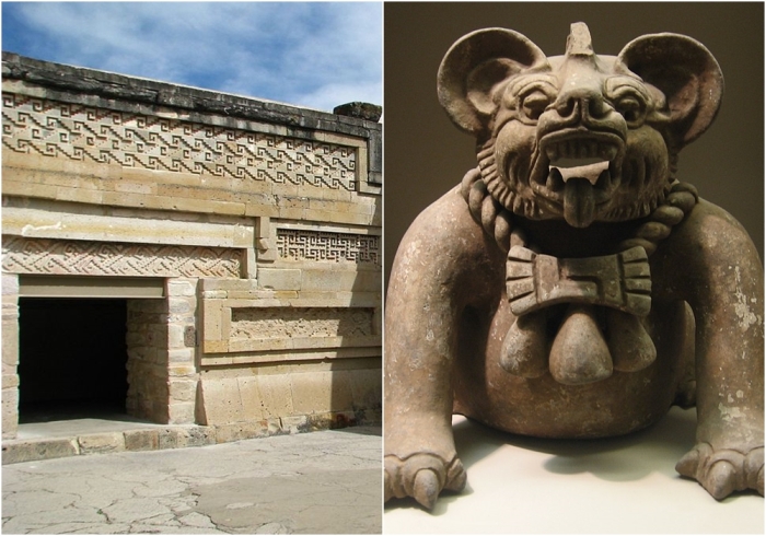 Слева направо: Сапотекский храм в Митле, Оахака. Погребальная урна из Оахаки.